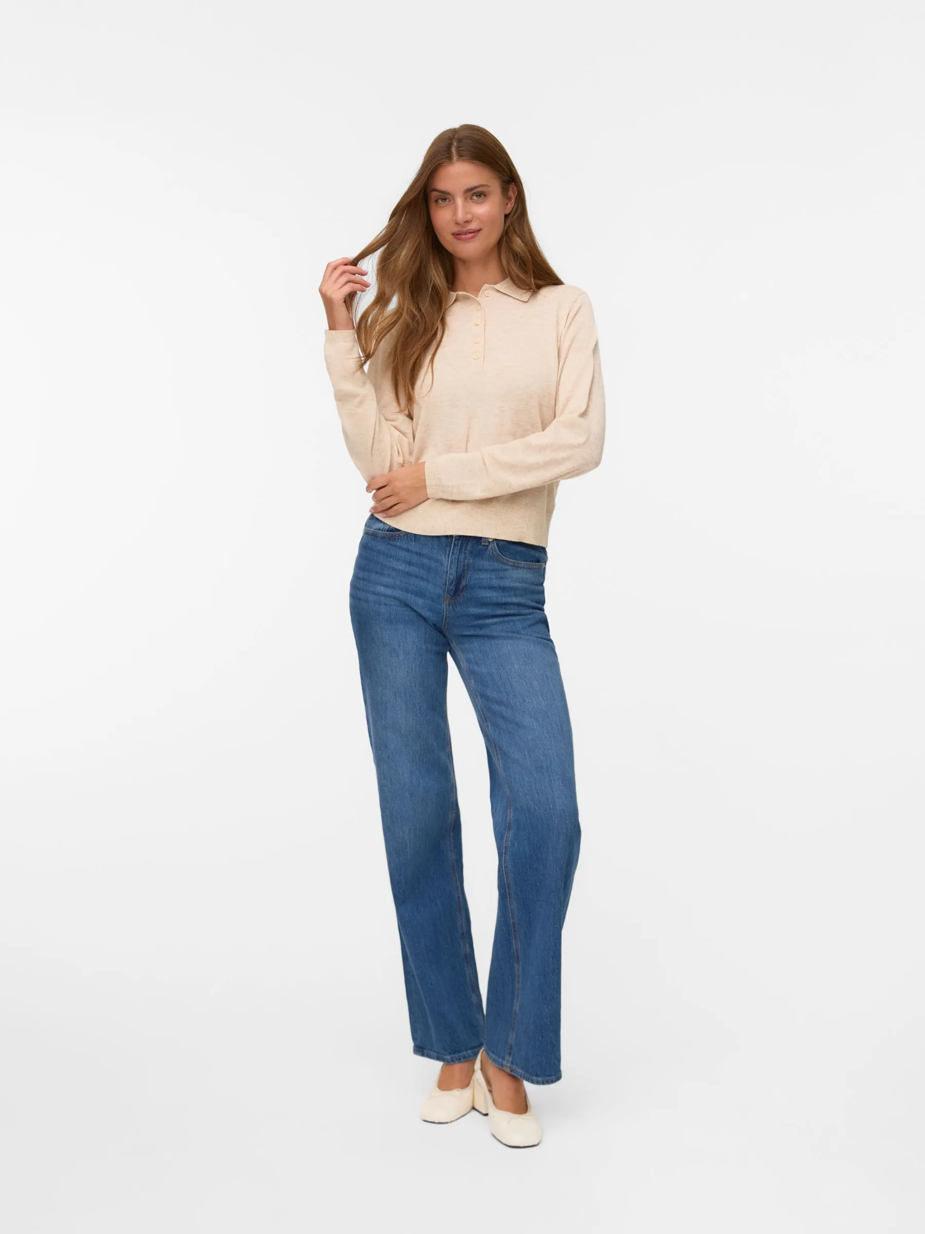 AWSIKITA LS O-NECK KNIT POLO NOOS, Natural Melange