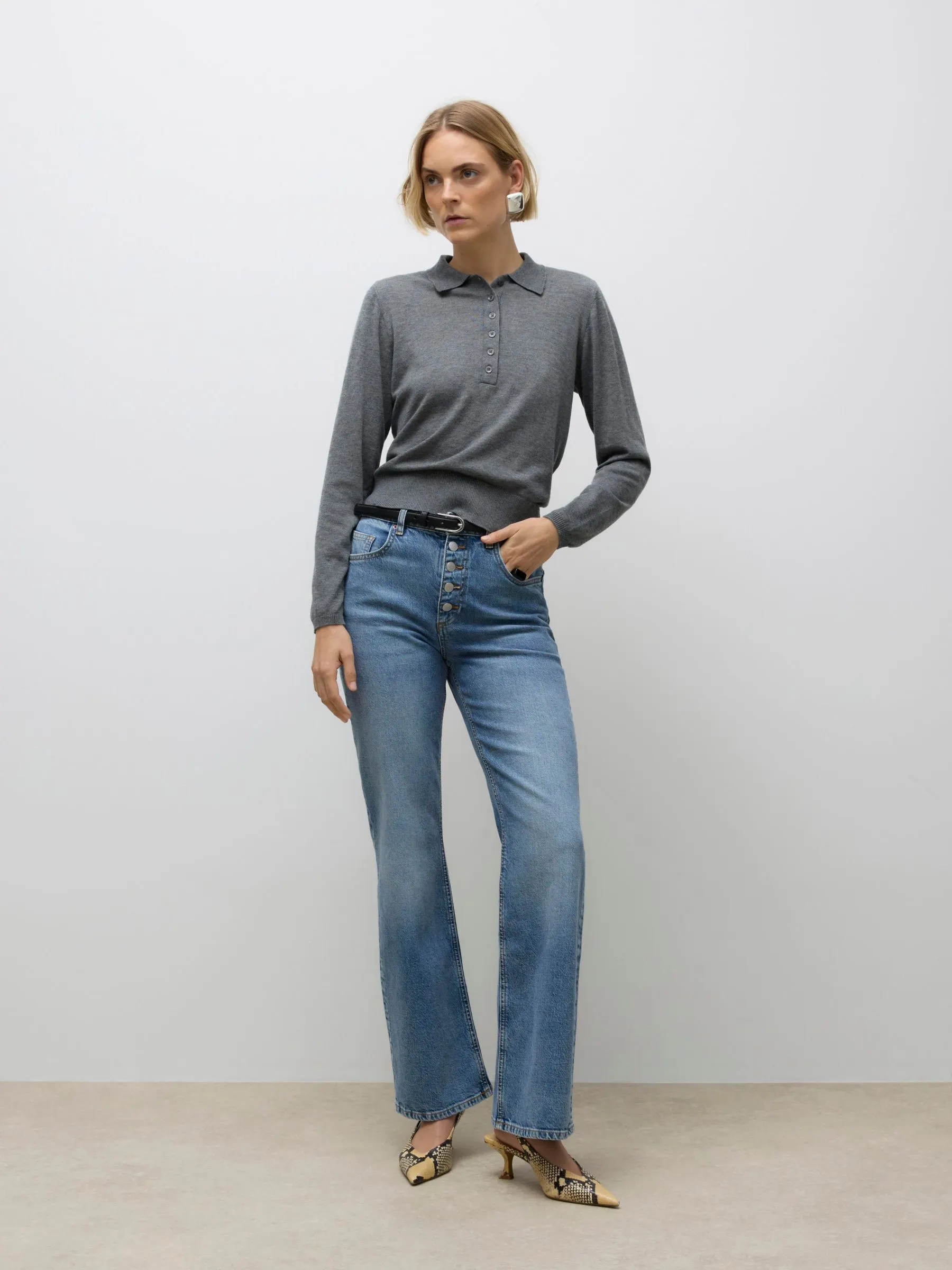AWSIKITA LS O-NECK KNIT POLO NOOS, Medium Grey Melange