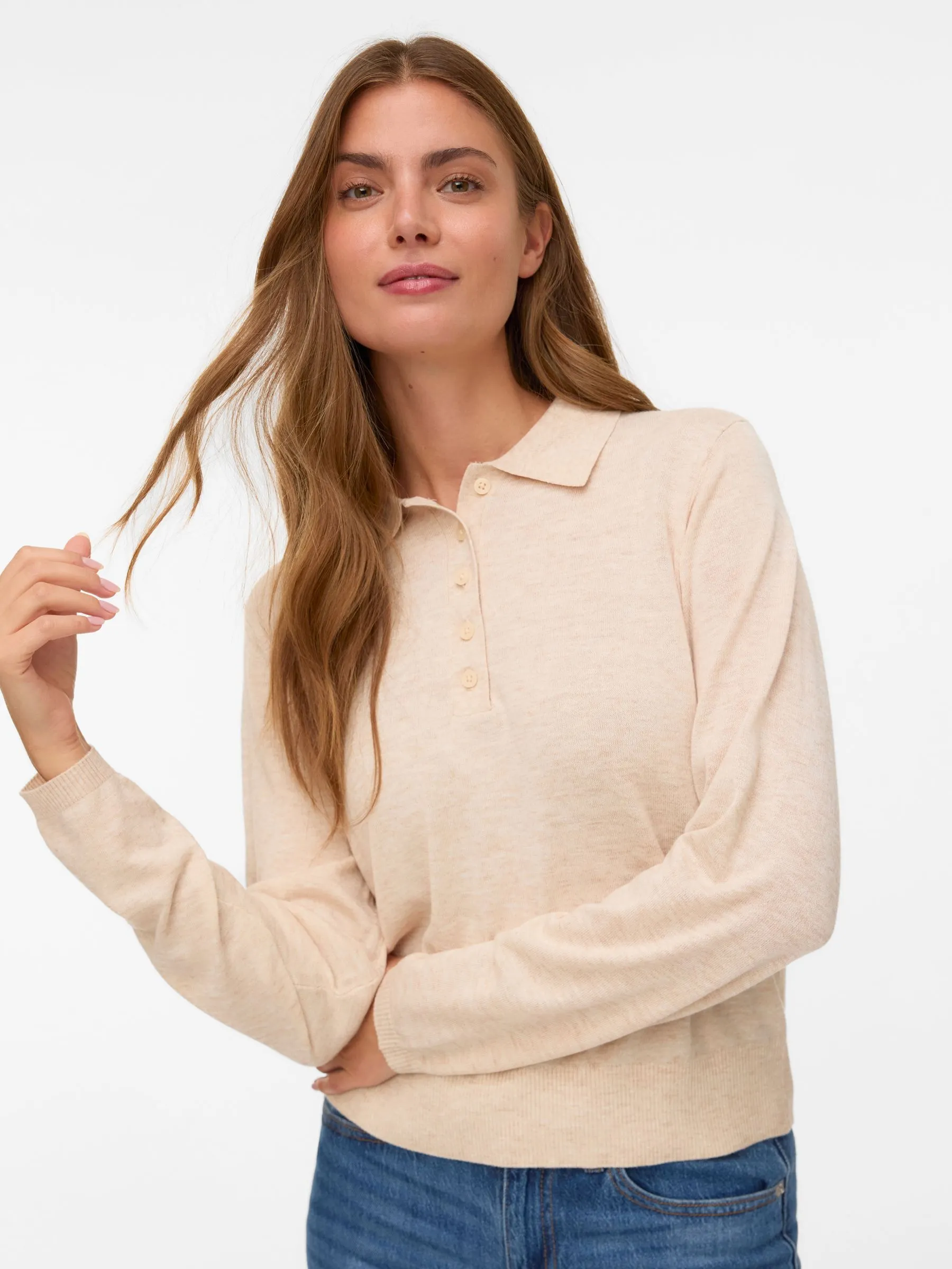 AWSIKITA LS O-NECK KNIT POLO NOOS, Natural Melange
