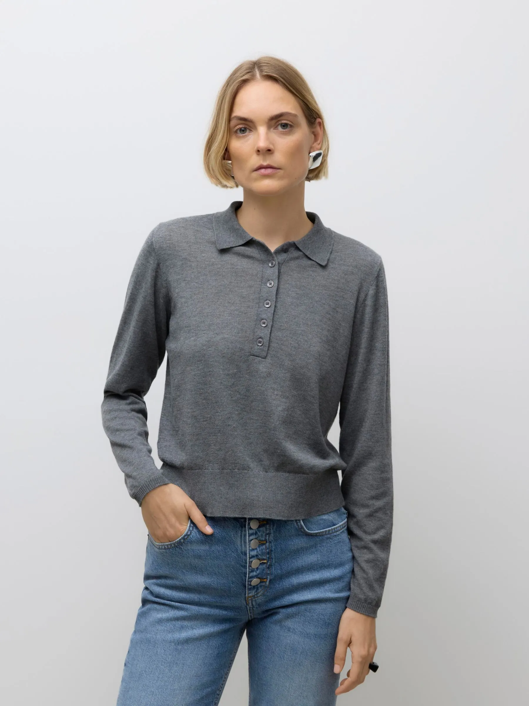 AWSIKITA LS O-NECK KNIT POLO NOOS, Medium Grey Melange