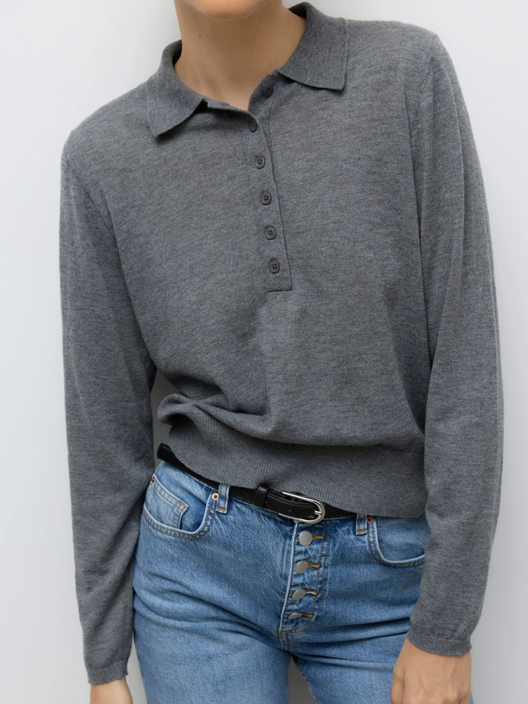 AWSIKITA LS O-NECK KNIT POLO NOOS, Medium Grey Melange